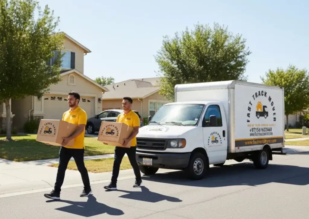 Moving truck loaded with household items for relocation in Dubai Marina UAE