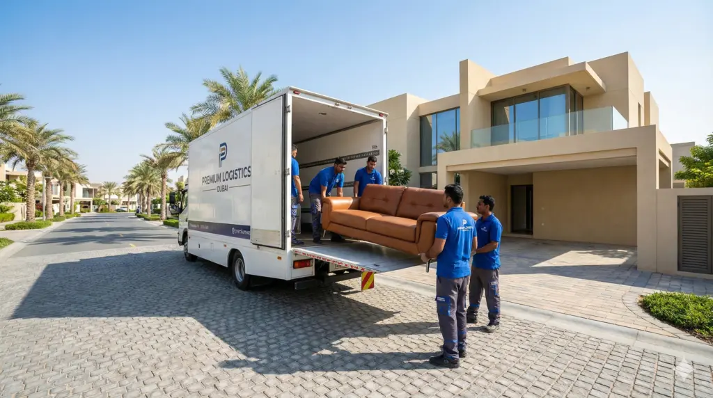 Moving truck being loaded with household furniture in Dubai Marina