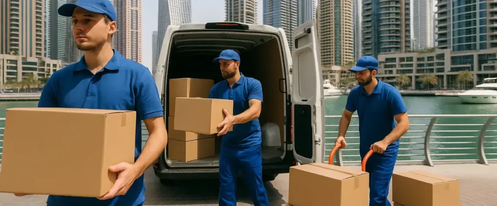 Moving company staff using service elevator in a Dubai Marina residential tower