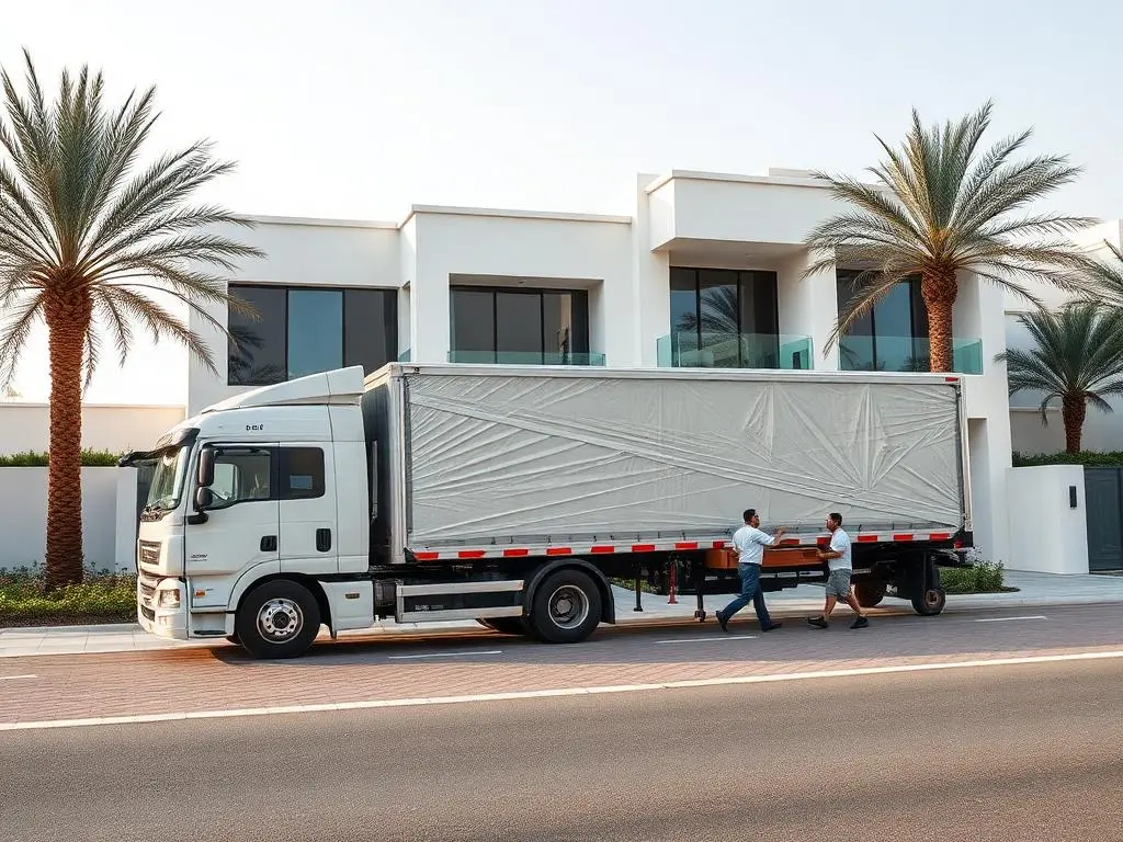  villa movers in Palm Jumeirah loading covered truck frond road Dubai